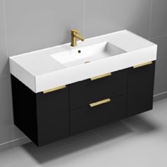 48 inch Floating Bathroom Vanity With Sink - Modern, Matte Black, Gold Handles